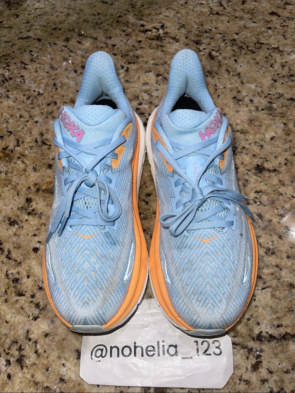 Hoka Clifton 9 Women's Light Blue Running Shoes with Peach Accent